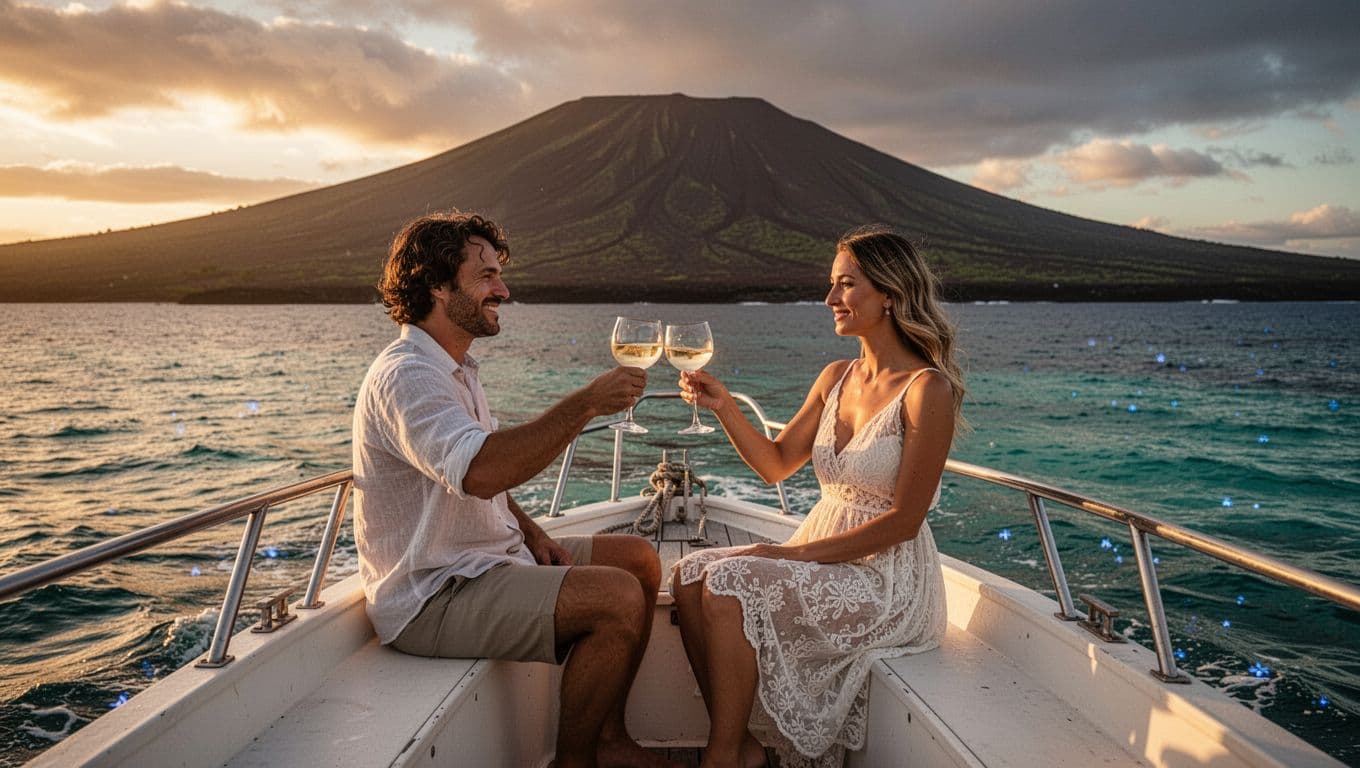 A cozy couple sips drinks and toasts on a sunset boat deck in the Kona ocean, with a volcano silhouette on the horizon under warm golden light.