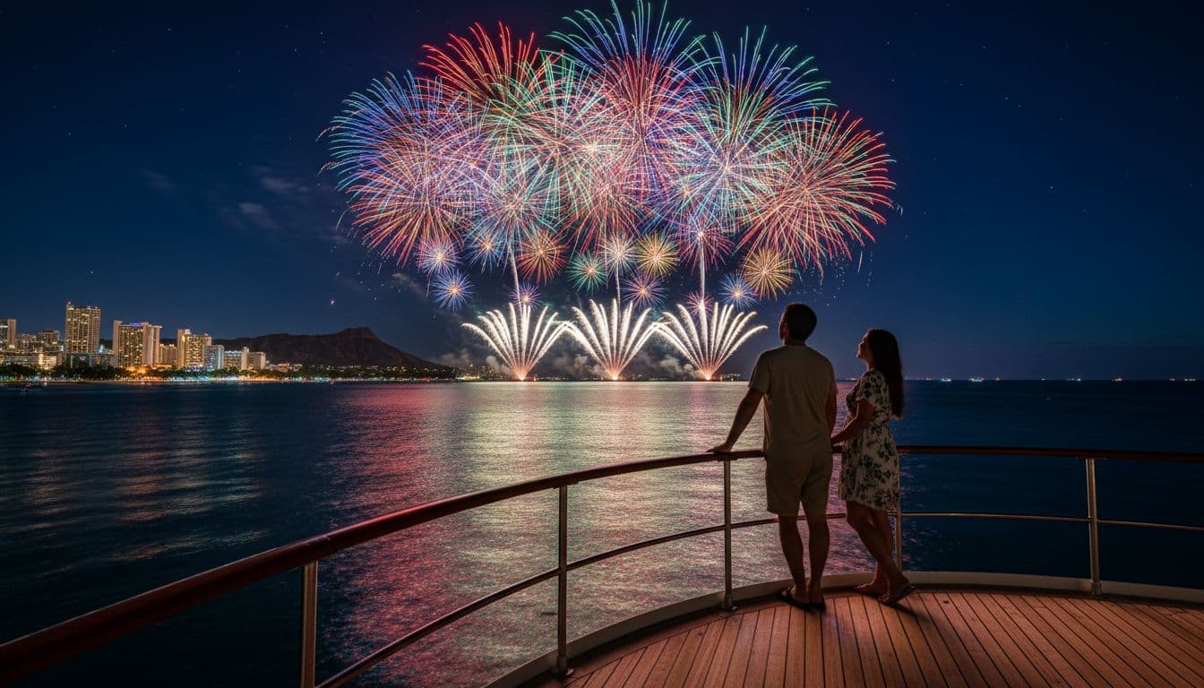 A happy couple holds hands leaning on the boat railing, watching colorful fireworks burst over Waikiki at night, with reflections on calm ocean water, city lights, and starry sky.