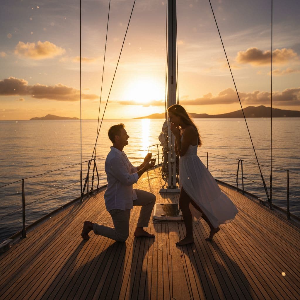 A couple stands on a boat deck during a golden Hawaiian sunset over a calm ocean.