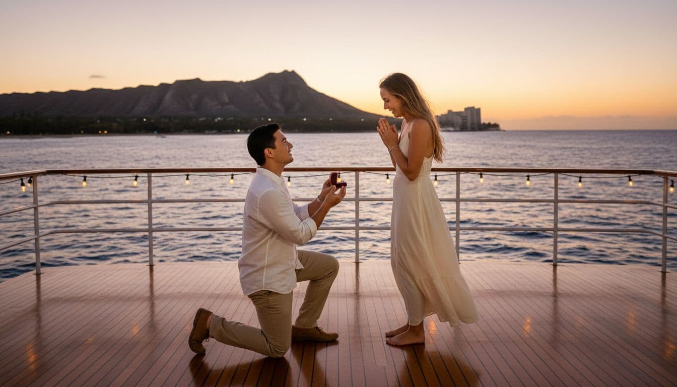 A man kneels on the upper deck of a double-decker boat off Waikiki Beach at sunset, holding a ring box toward his smiling partner, with Diamond Head volcano silhouetted against a warm orange-pink sky and calm ocean waves.