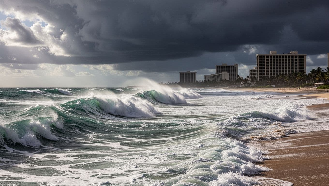 Rough turbulent ocean waves near Waikiki Beach on a windy Oahu day, whitecaps forming under dark clouds with distant high-rise hotels, cinematic dramatic lighting.