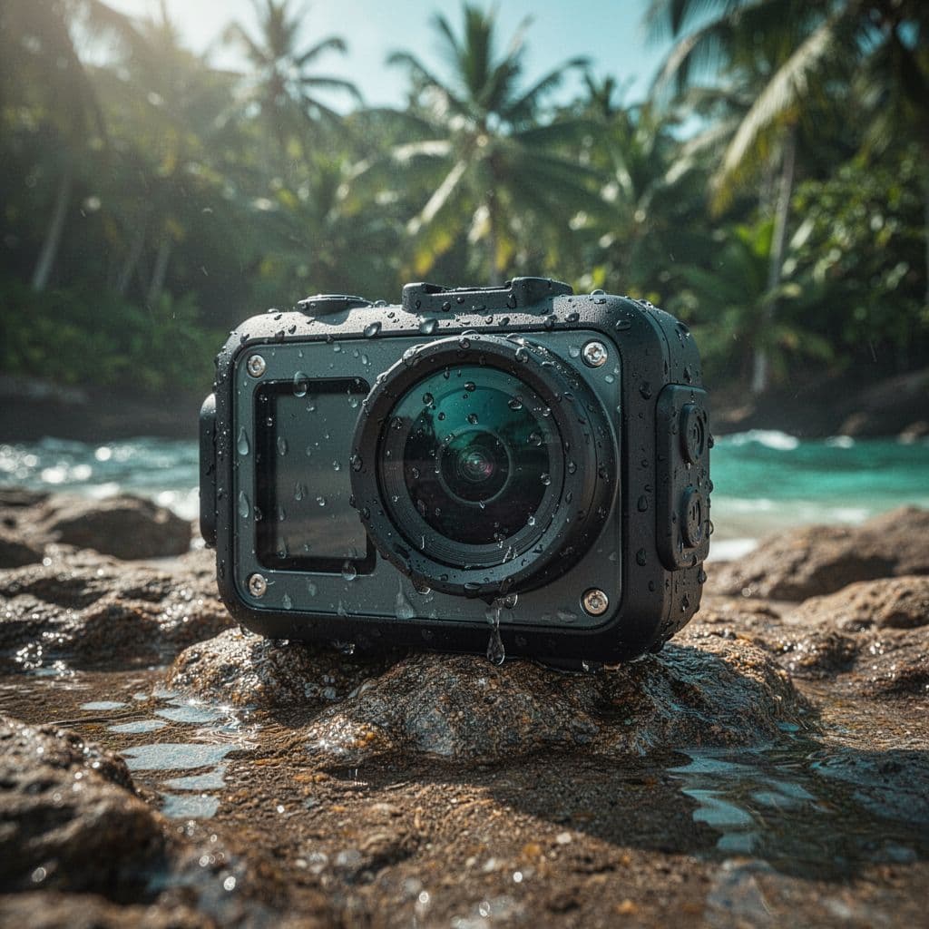 Close-up of rugged compact underwater camera on rocky ocean shore with water droplets on lens and blurred tropical background.