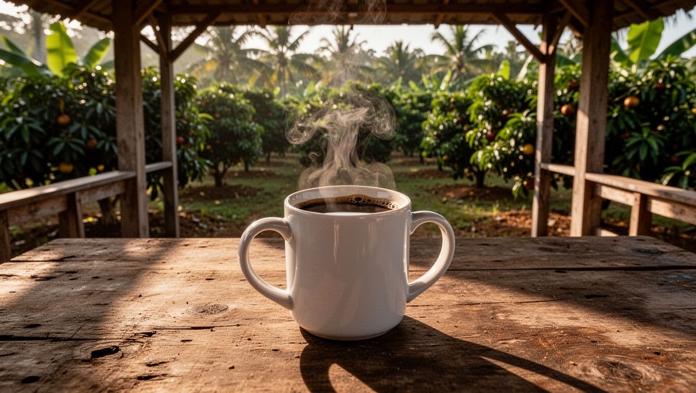 A steaming white coffee mug rests on a rustic table overlooking a tropical orchard.