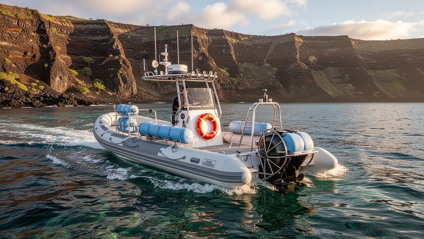 Well-maintained rigid inflatable boat speeding safely through clear Kona waters near Big Island coast, with visible propeller guard, life ring, and safety equipment on deck against dramatic volcanic cliffs at golden hour.