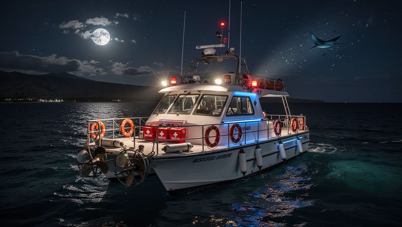 Safe snorkel tour boat anchored in Kona bay at night, featuring visible propeller guards, rescue tubes, first aid kit, life rings, and emergency beacons on deck with lights for manta viewing over calm dark ocean in cinematic style.