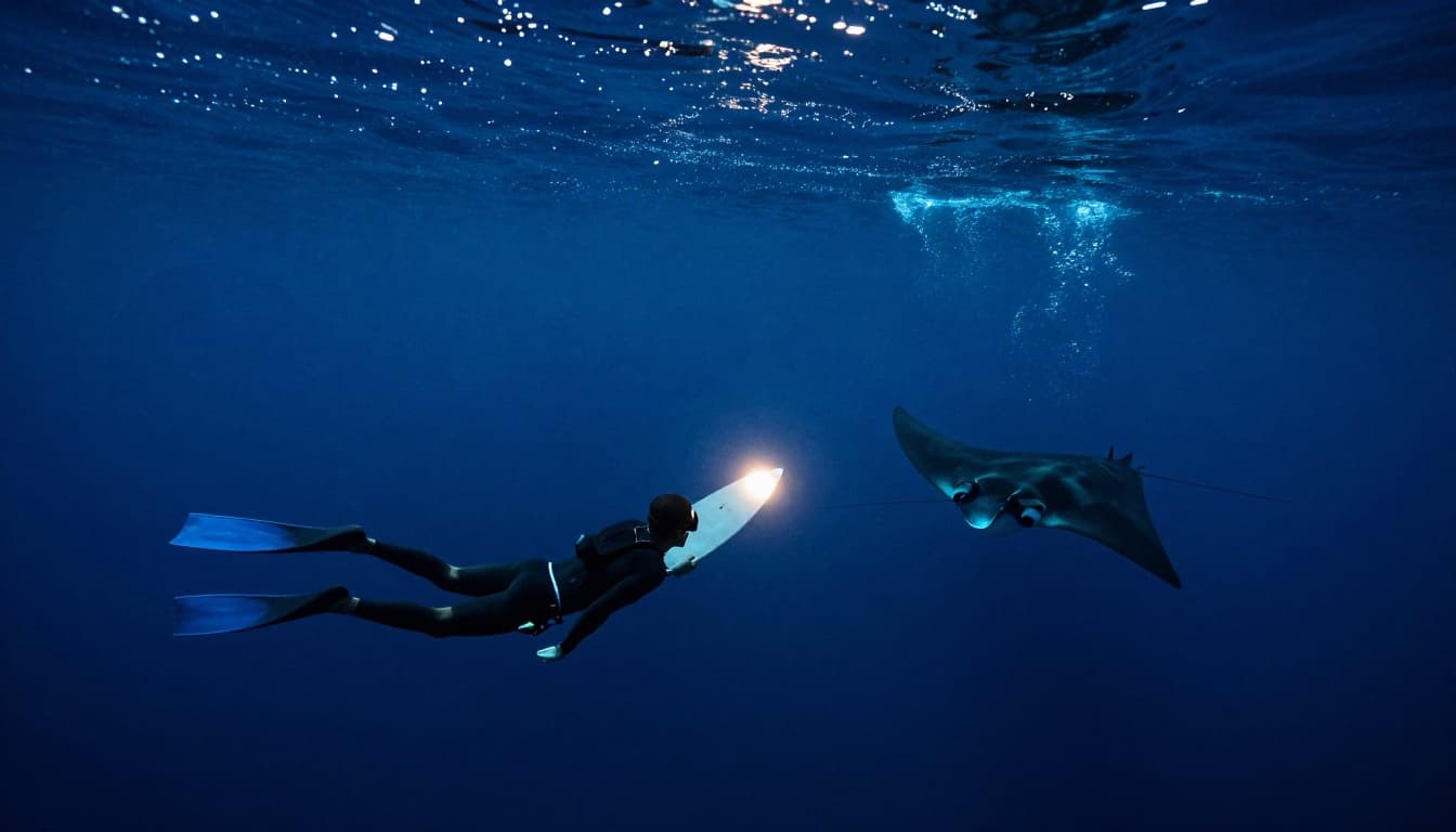 A snorkeler floats relaxed on the calm Kona ocean surface at night, holding an illuminated board and looking down at manta rays in 30-foot depths, with boat lights creating dramatic shafts of light in cinematic blue tones.