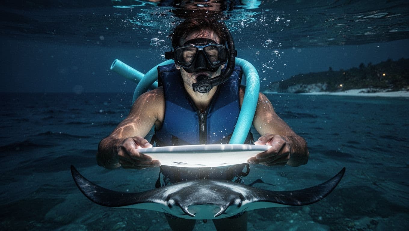 A relaxed snorkeler in flotation vest and noodle holds a lighted board in calm, clear night ocean water off Kona, with a manta ray approaching below and faint coastline in the background. Close composition from chest up emphasizes supported, safe snorkeling gear for weak swimmers.