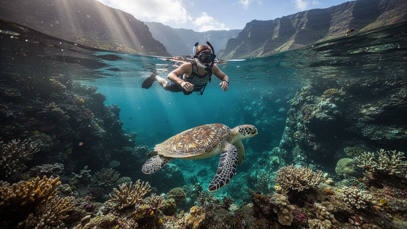 Snorkeler floats calmly at the surface in a split water view, observing a Hawaiian green sea turtle below amid vibrant coral in clear turquoise waters of Turtle Canyon, Oahu.