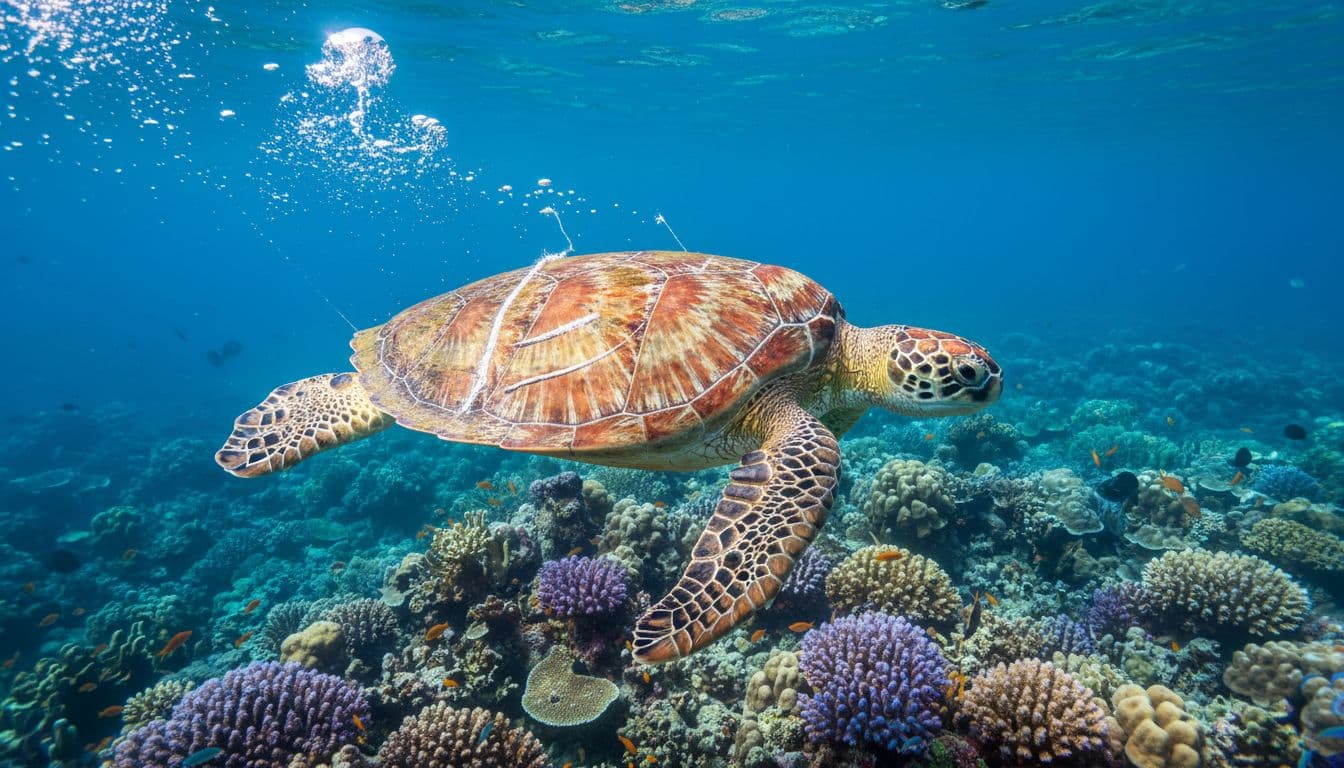 Green sea turtle with shell scars from propellers and lines swims over colorful coral reef in turquoise water.