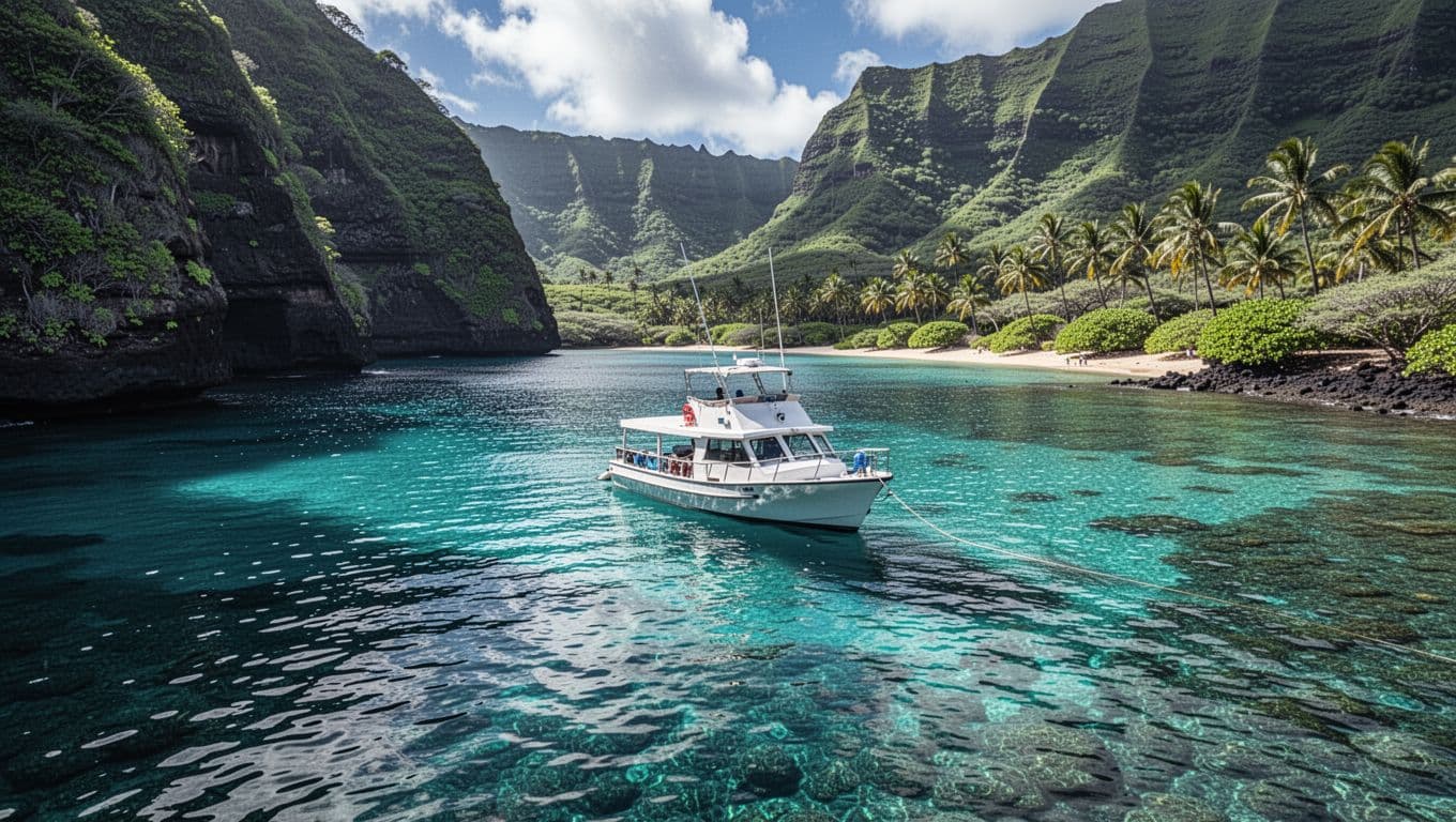 A sleek white vessel floats peacefully on the turquoise waters of a secluded Hawaiian bay. Lush green volcanic cliffs frame the background under a vibrant, glowing tropical sky at dusk.