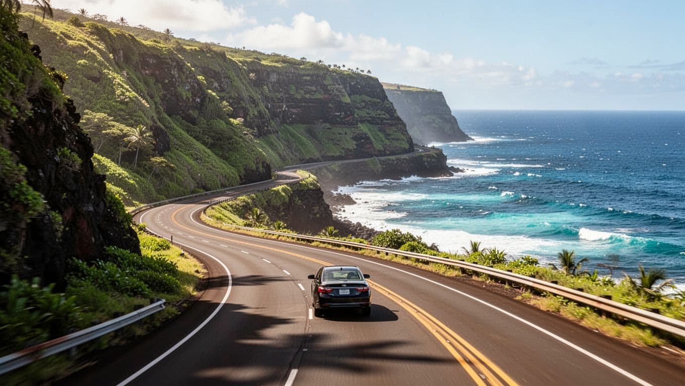 Cinematic scenic drive along Highway 11 from Keauhou to Kealakekua Bay on Hawaii's Big Island, showcasing lush green cliffs, blue Pacific Ocean, winding road with a foreground car, under dramatic sunny lighting.