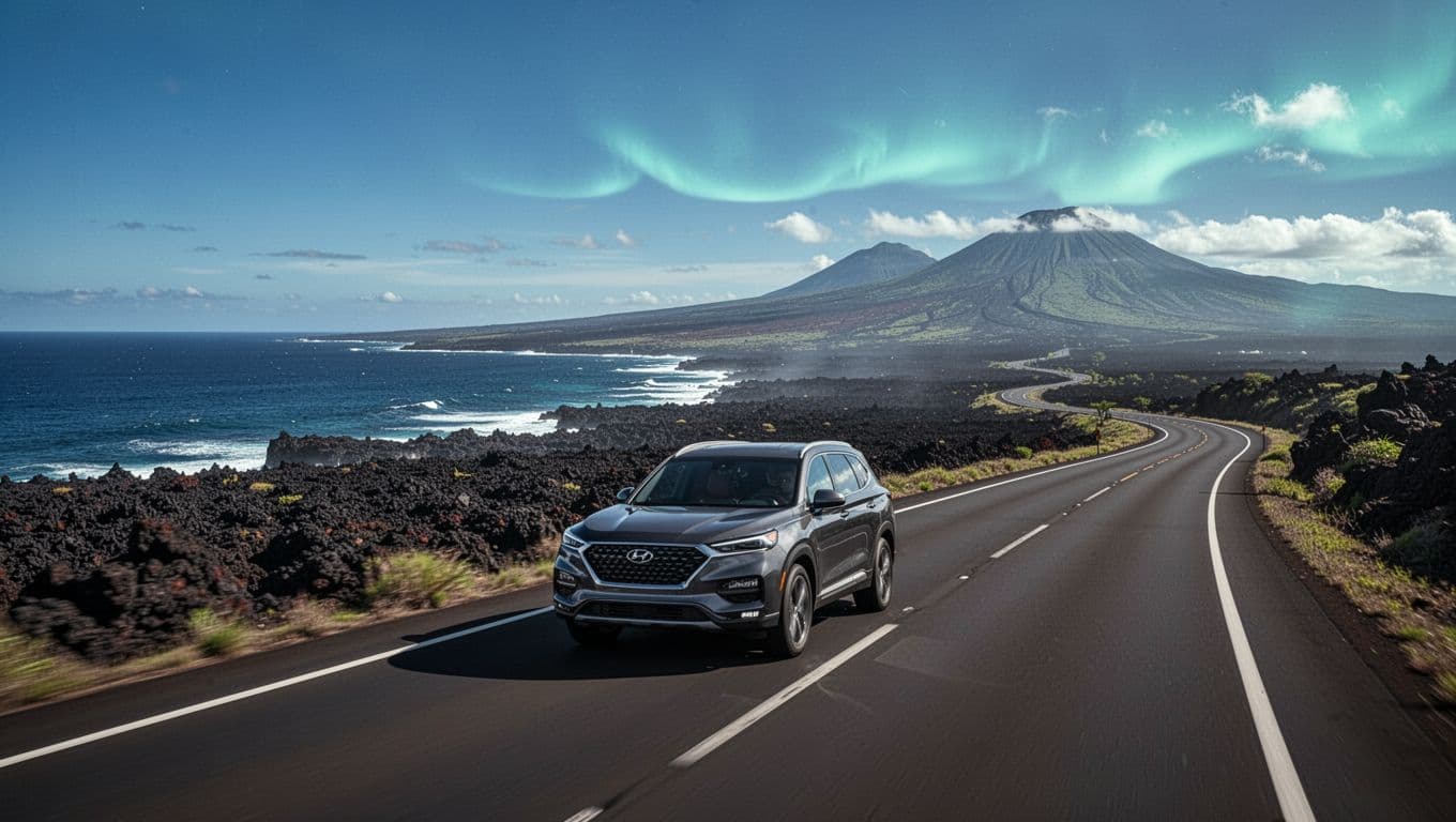 Luxury SUV on winding Highway 19 from Four Seasons Hualalai towards Honokohau Harbor in Kona, Big Island Hawaii, with ocean views, lava fields, and distant volcanoes under a clear blue sky in cinematic style.