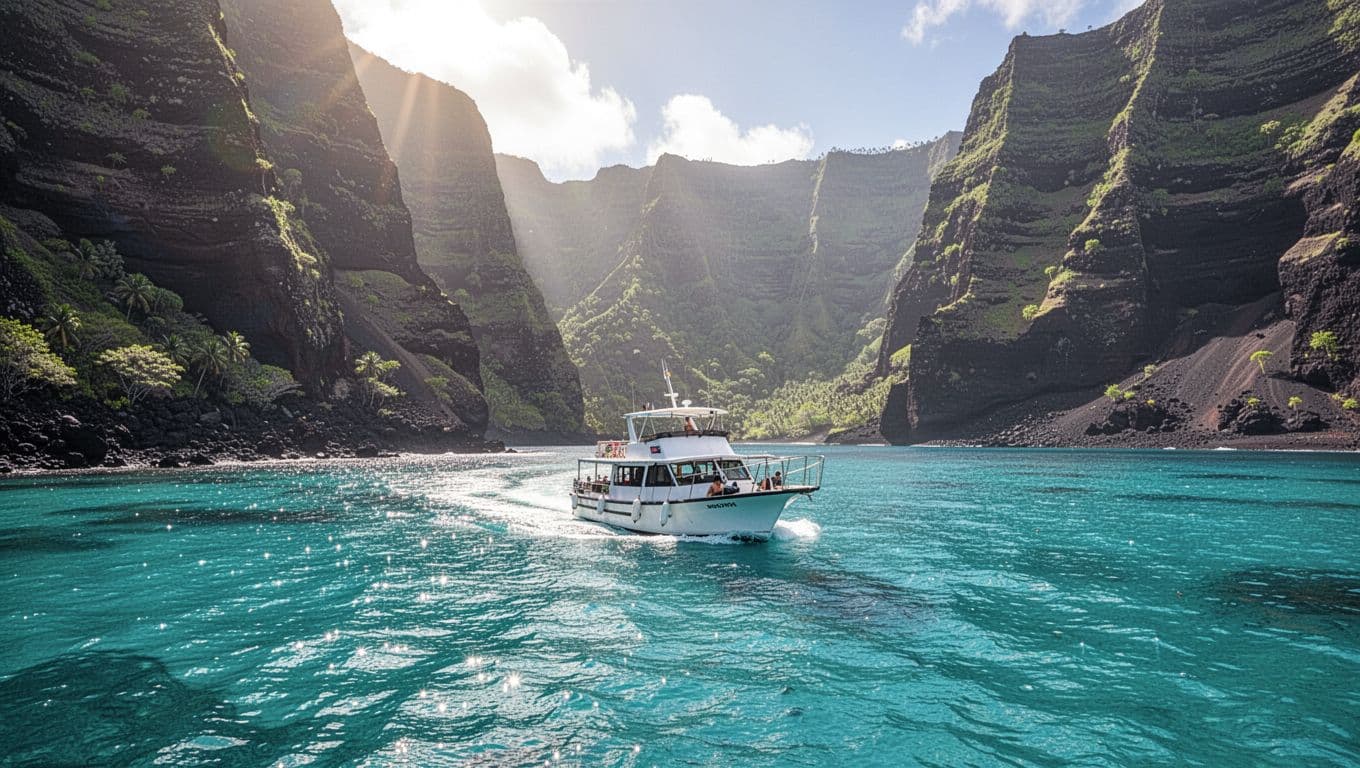 A passenger boat cruises on turquoise water beside volcanic cliffs.