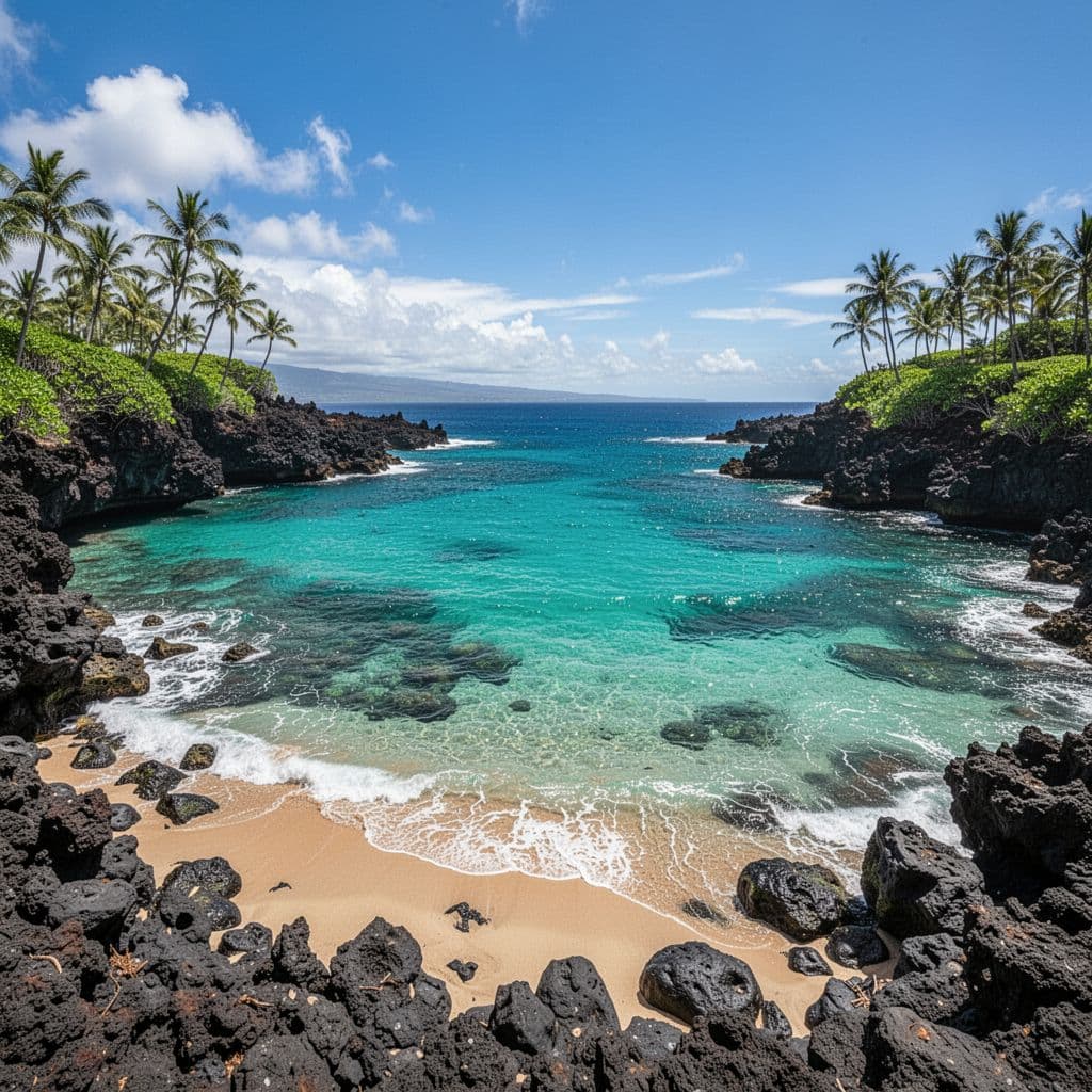 Vibrant blue water laps against black volcanic rocks in a peaceful, sunlit tropical bay.