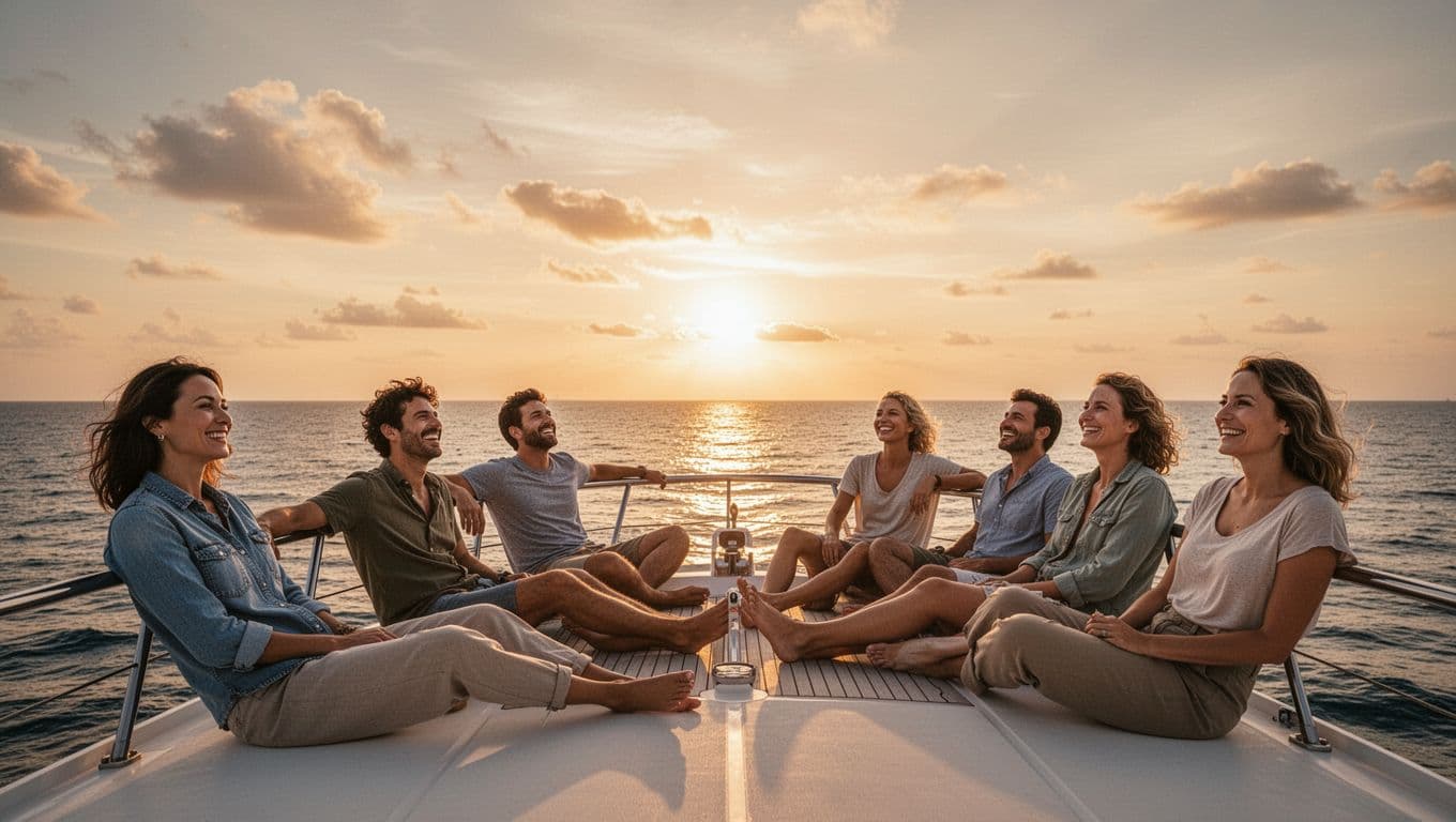 A group of people relaxing on a boat during a sunset over the calm ocean.