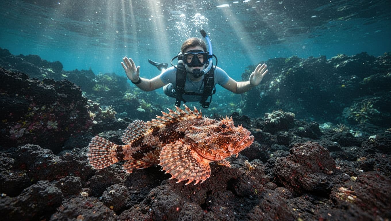 A snorkeler observes a camouflaged scorpionfish among volcanic reef rocks.