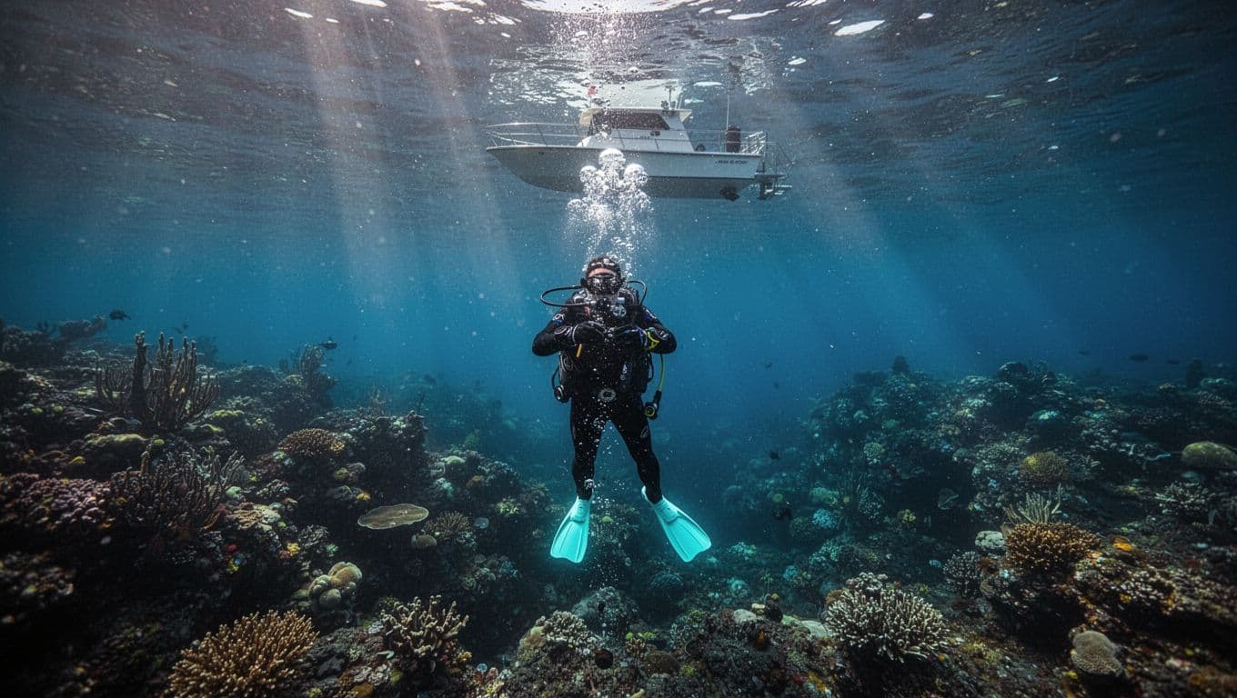 Silhouetted scuba diver ascends during safety stop with rising bubbles against blue water, boat on surface.