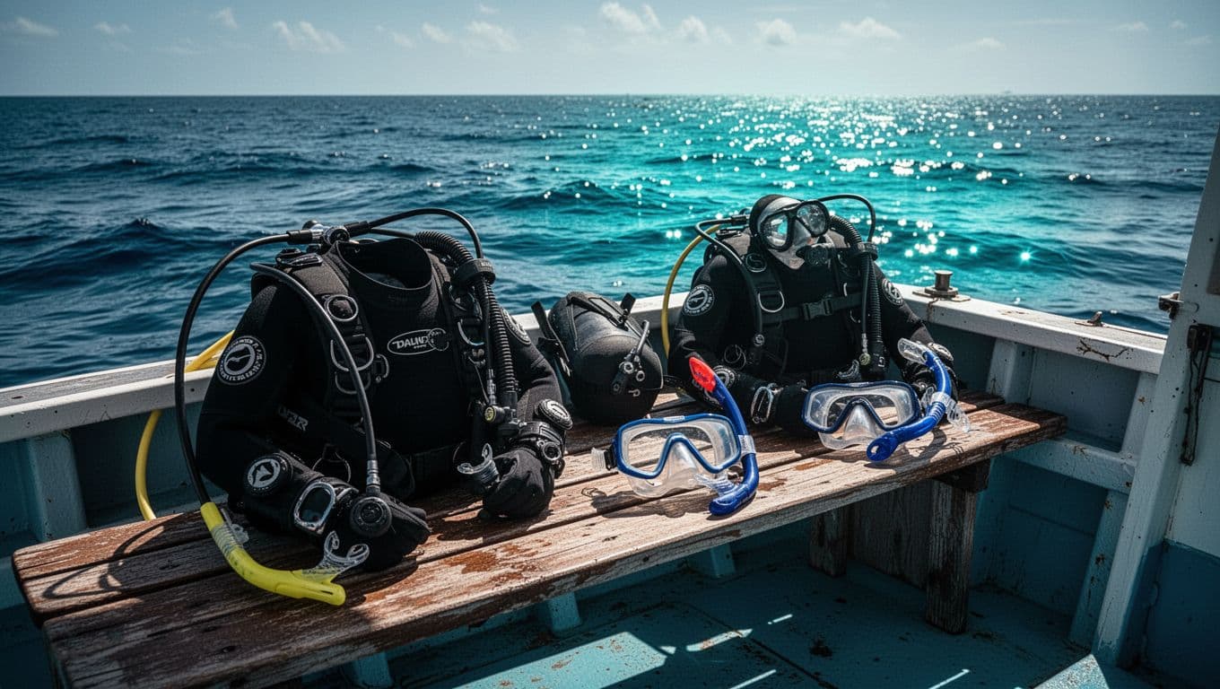 Scuba gear and snorkel masks arranged on a wooden boat bench beside the blue ocean.