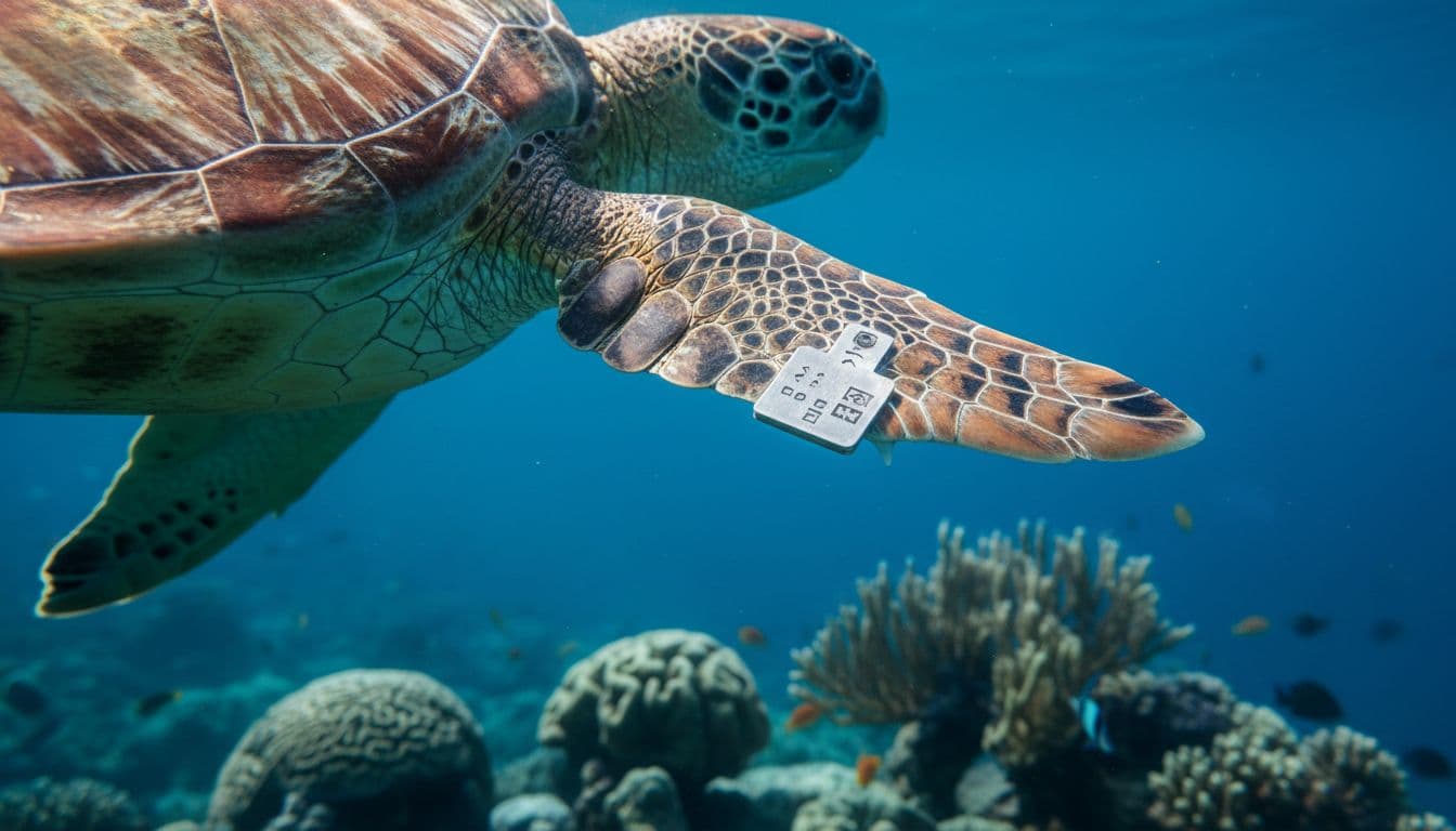 Close-up of Hawaiian green sea turtle rear flipper with metal identification tag, underwater near reef.
