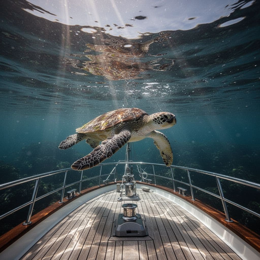 A green sea turtle glides through deep blue water, captured from a wooden boat deck above. Sunlight pierces the surface, creating vibrant ripples and shadows around the majestic marine creature.