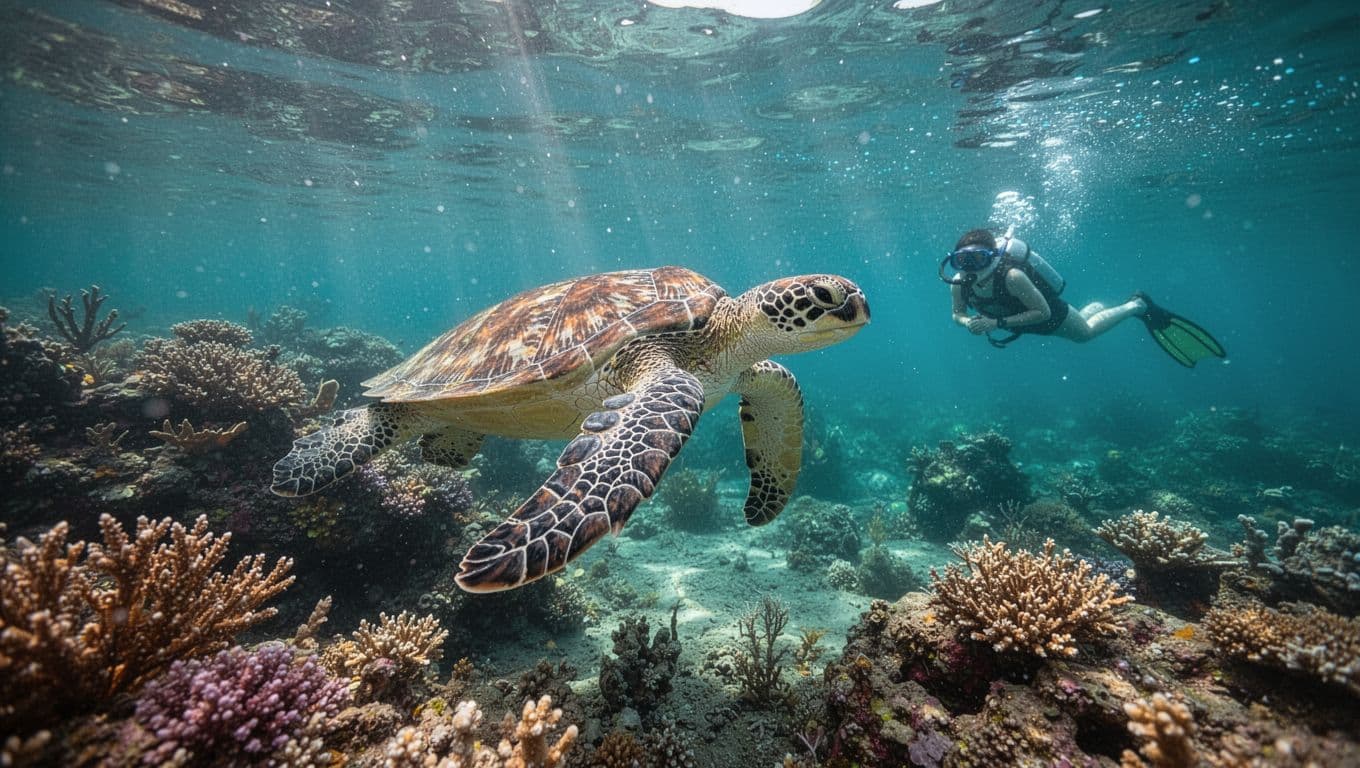 A sea turtle swims above a coral reef near a distant snorkeler.