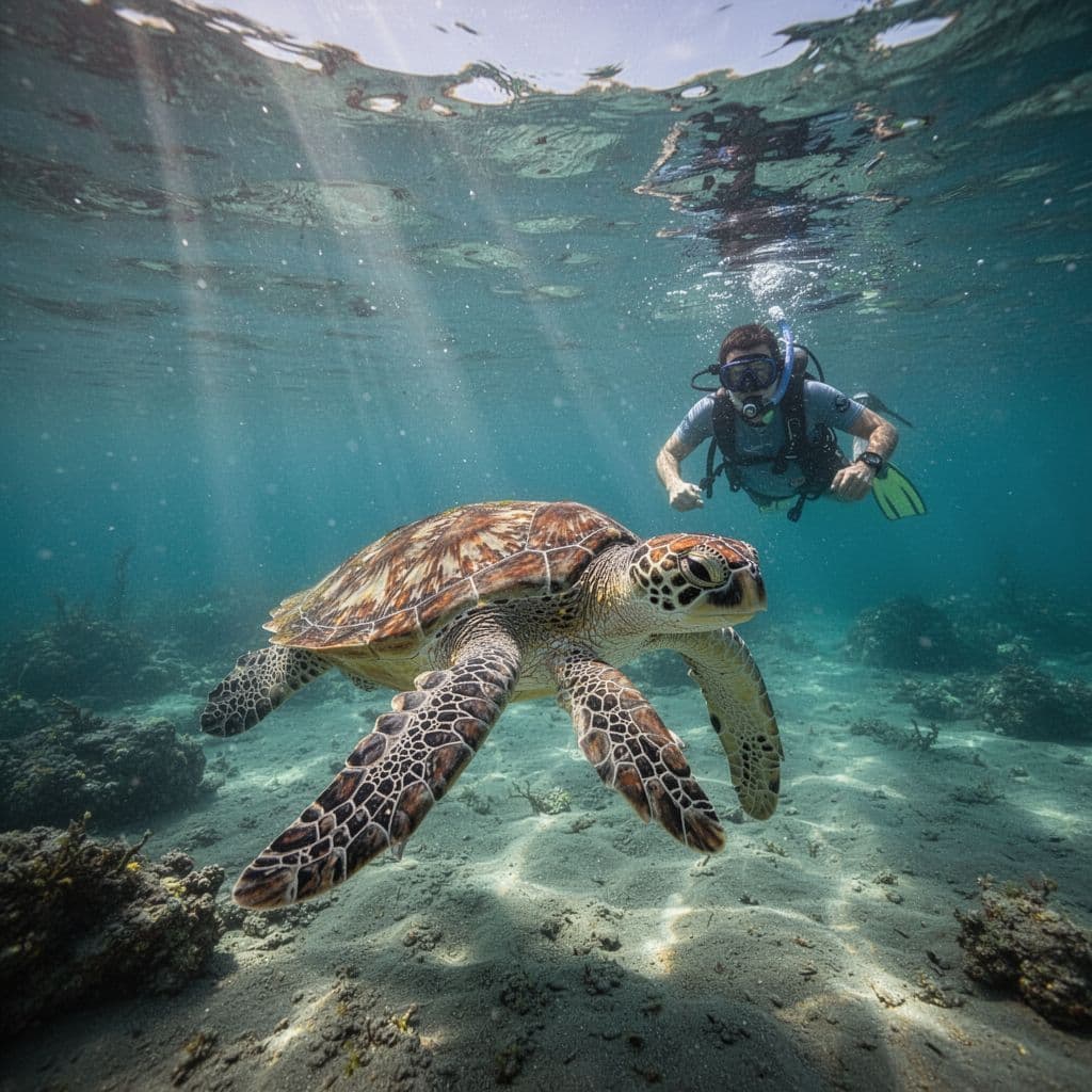 A green sea turtle swims through the clear turquoise waters of Turtle Canyon in Oahu.