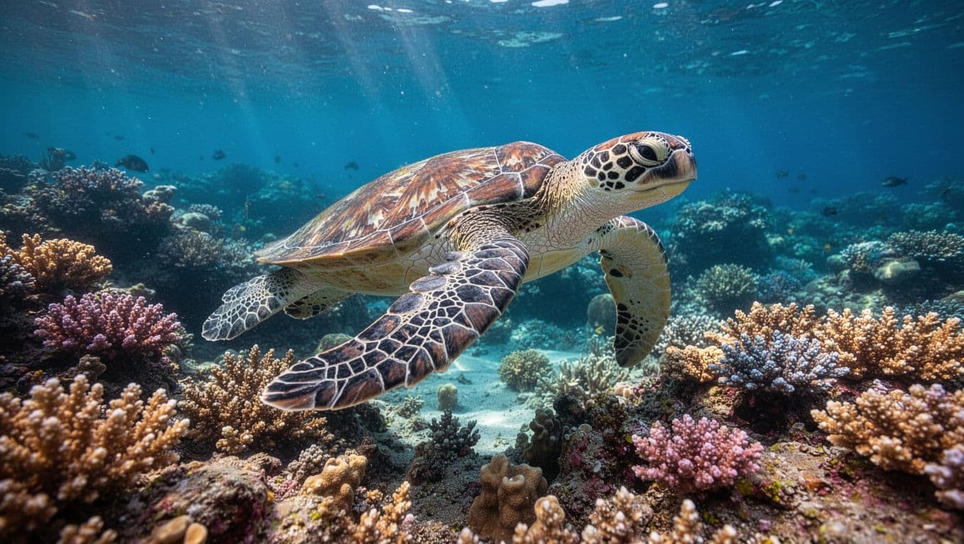 A sea turtle glides over a colorful coral reef in clear blue ocean water.