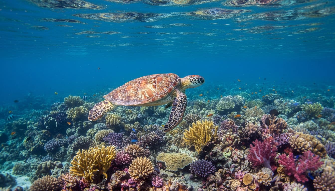 A green sea turtle swims gracefully above a vibrant coral reef in clear blue ocean water.
