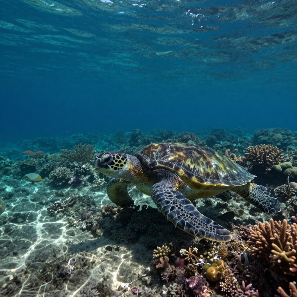 A green sea turtle swims gracefully above a colorful coral reef in clear Hawaiian waters.