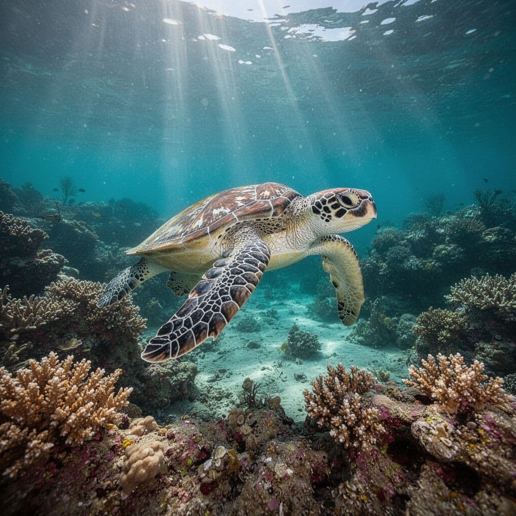 A green sea turtle swims gracefully above a vibrant coral reef in clear turquoise tropical waters.
