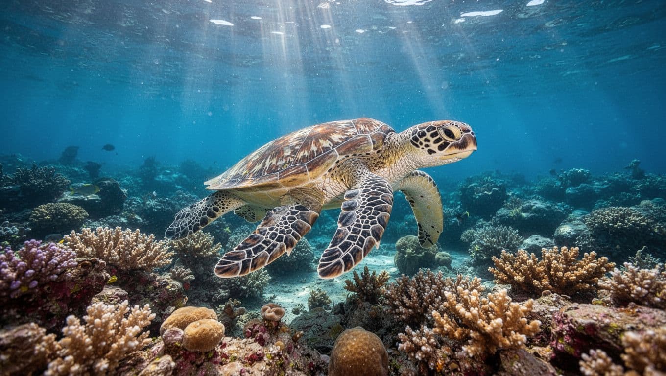 A green sea turtle glides gracefully over a colorful, intricate coral reef in crystal clear turquoise water. Bright sun rays penetrate the surface, illuminating the vibrant marine life below the waves.