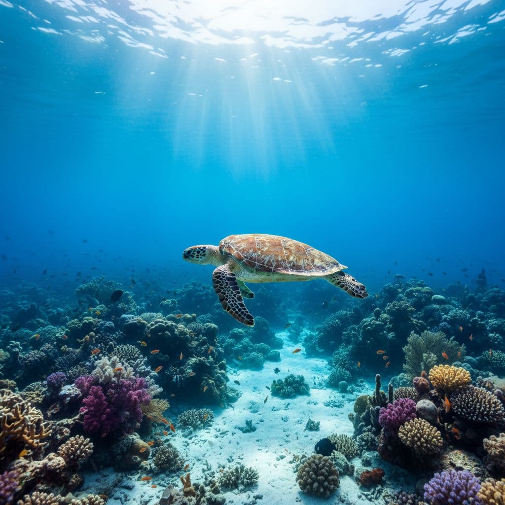 A graceful green sea turtle glides through crystal clear blue water above a vibrant coral reef. Sharp sunbeams penetrate the ocean surface, illuminating the creature and the deep canyon surroundings below.