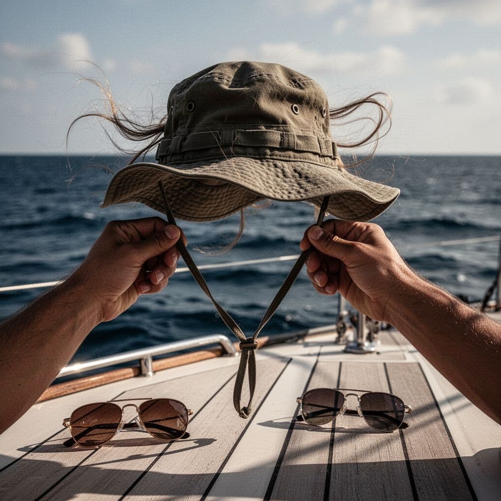 Two hands secure chin strap on floppy hat on boat deck, ocean horizon behind, sunglasses nearby.