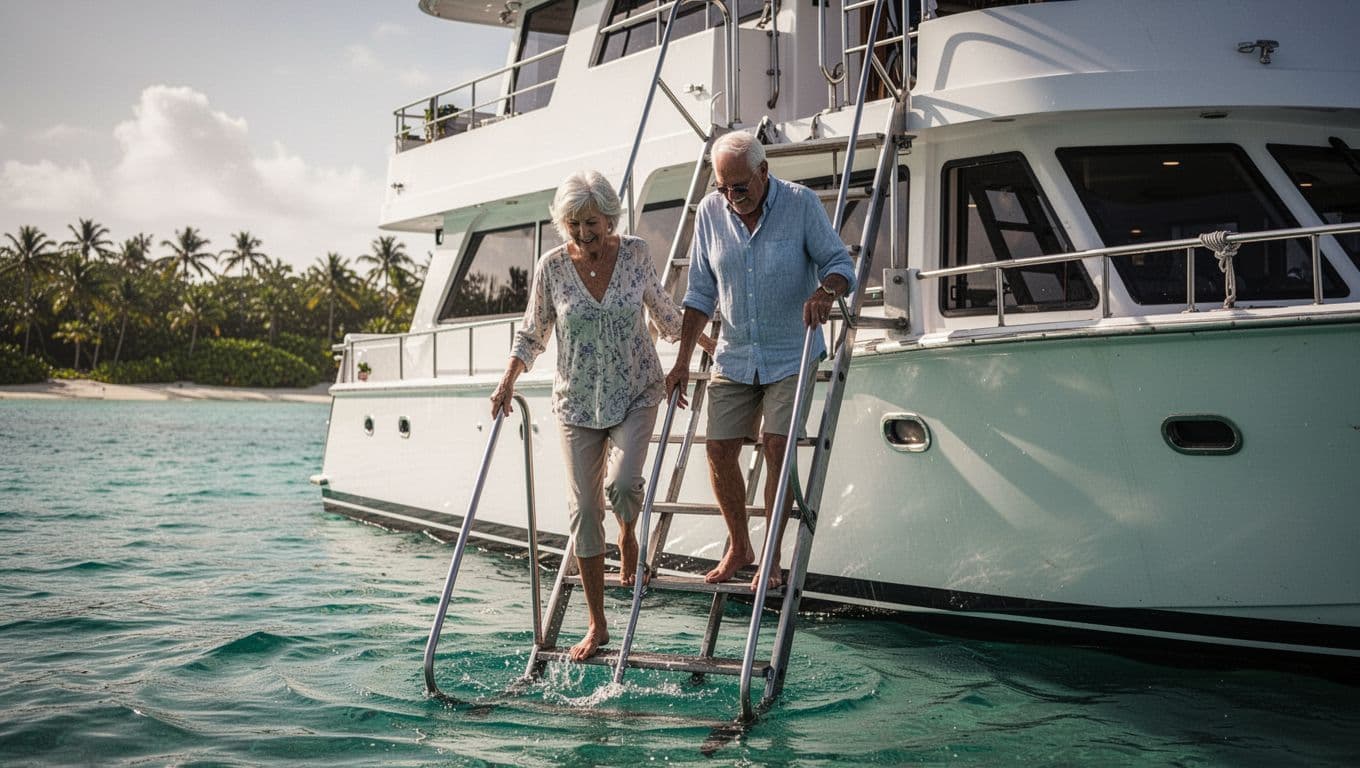A senior couple in their 60s gently descends a sturdy ladder from a double-decker boat into calm turquoise ocean waters off Waikiki, providing safe and easy access for older adults.