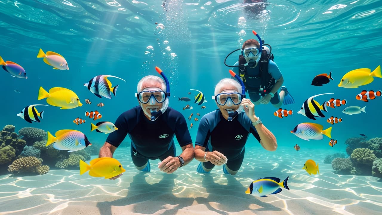 An older couple wearing snorkels floats peacefully in turquoise tropical waters, surrounded by colorful fish. A professional guide watches over them from a few feet away under bright natural sunlight.