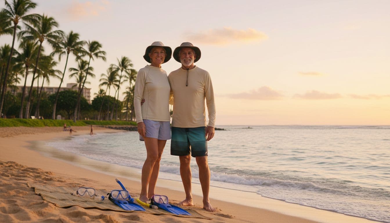 A relaxed senior couple in their 60s smiles while preparing snorkel gear on calm Waikiki beach at sunrise, with gentle waves, palm trees, and natural morning light.