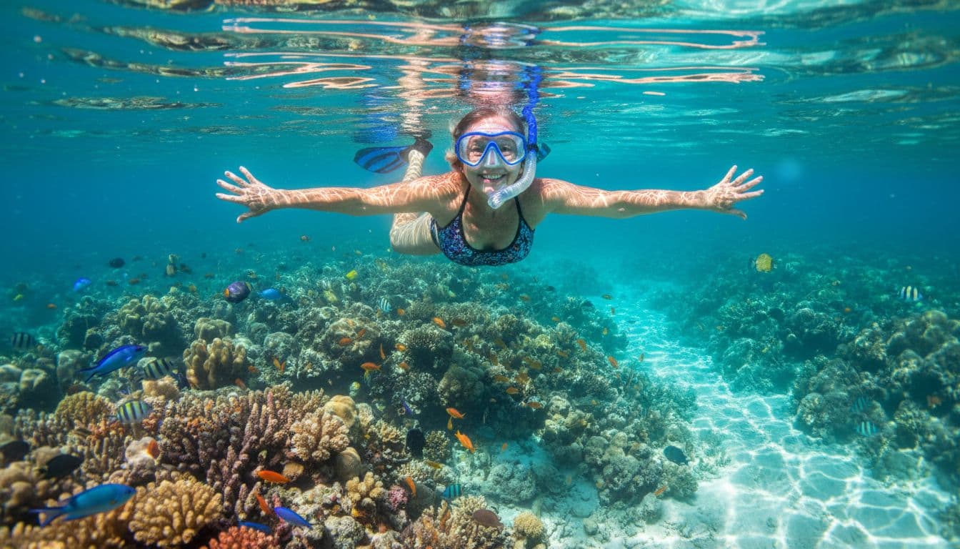 Senior woman floating calmly with snorkel gear in shallow clear turquoise water near reef, smiling at camera with vibrant coral and fish below.