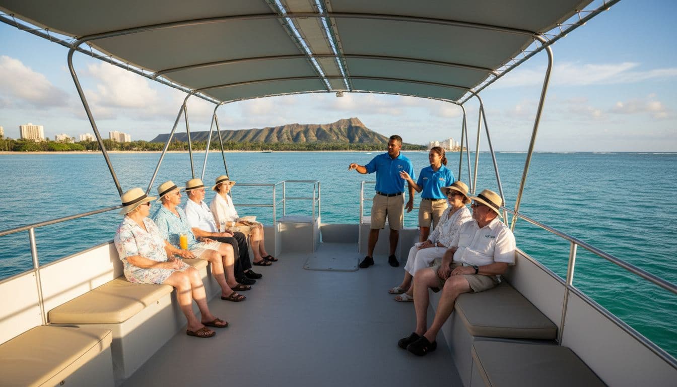 A group of 5-6 seniors relaxes comfortably in the shaded upper deck of a double-decker boat cruising calm Waikiki waters, accompanied by 2 crew members, with Diamond Head visible on the ocean horizon during a bright Hawaiian day.