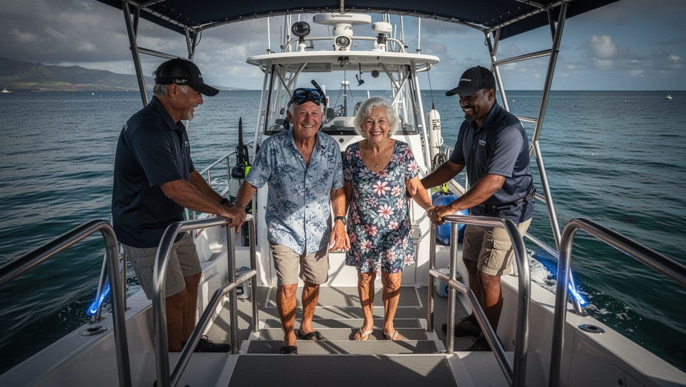 Smiling older man and woman board snorkel boat via low handrail steps, assisted by crew at Honokohau Marina.