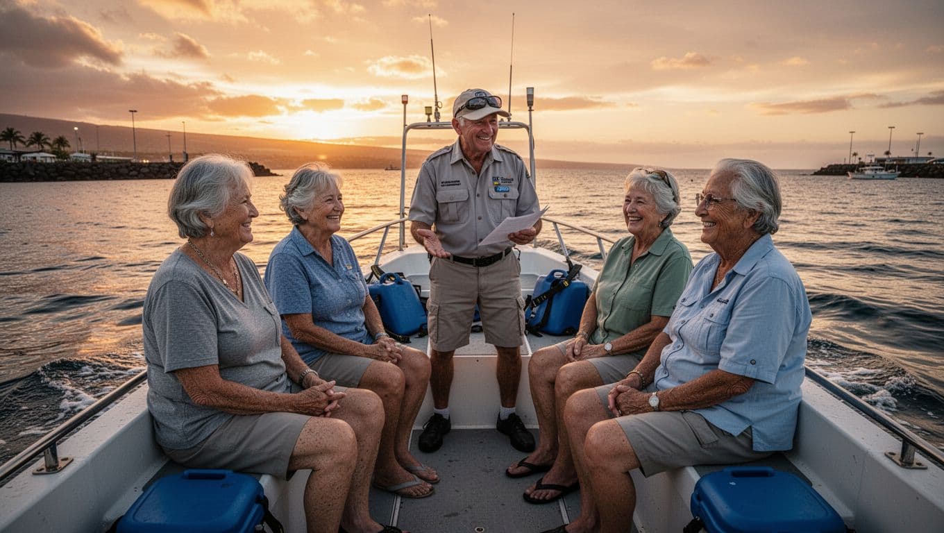 Four older adults on a small boat in Kona harbor at sunset, wearing wetsuits and life jackets, smiling relaxed during captain's briefing for manta ray snorkel tour.