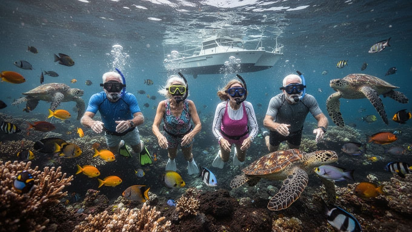 Four older adults snorkel relaxed among fish, coral, and turtles in clear volcanic waters off Kona, boat above.