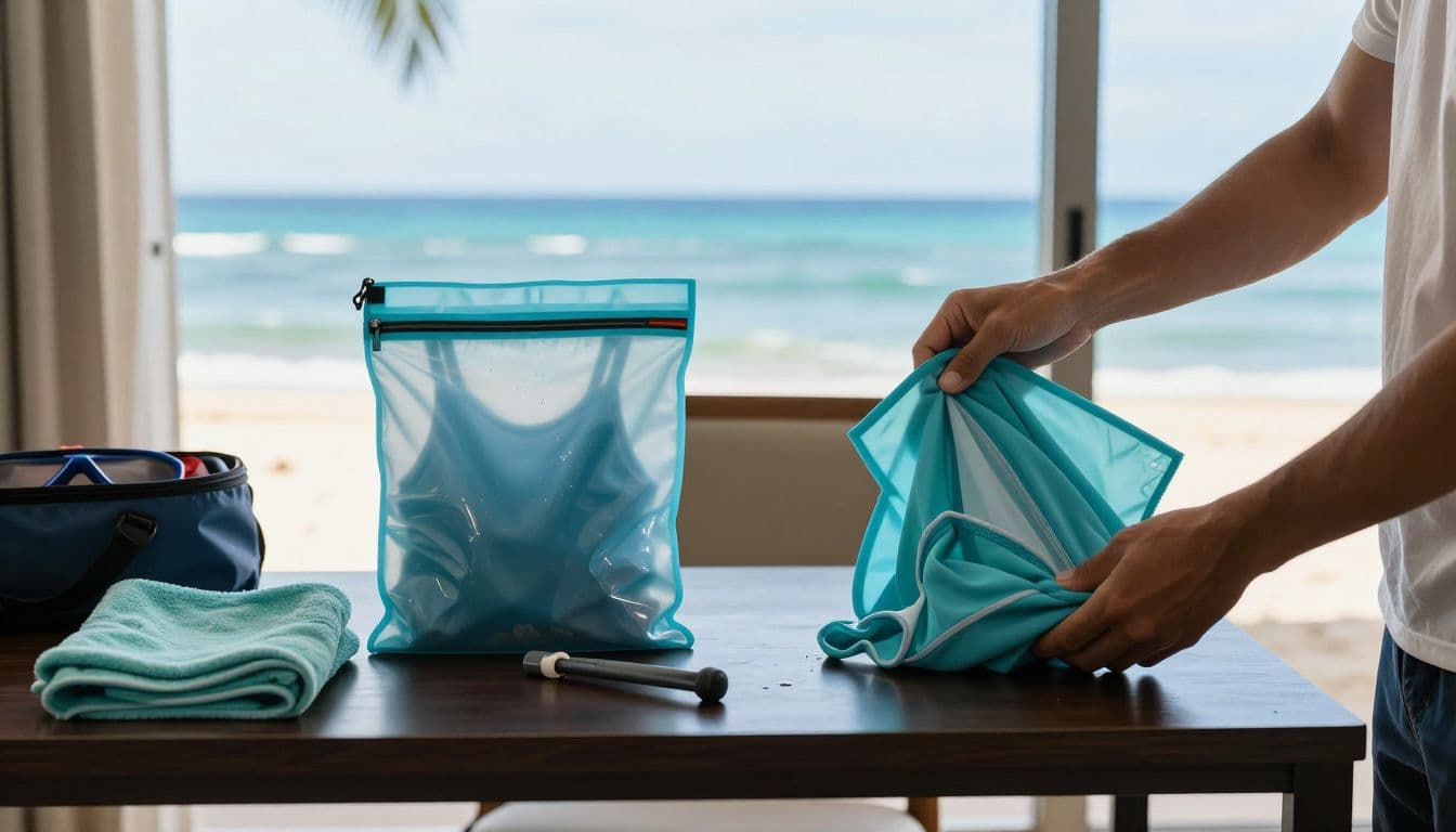 Two travelers separate dry and damp swimsuits into travel bags.