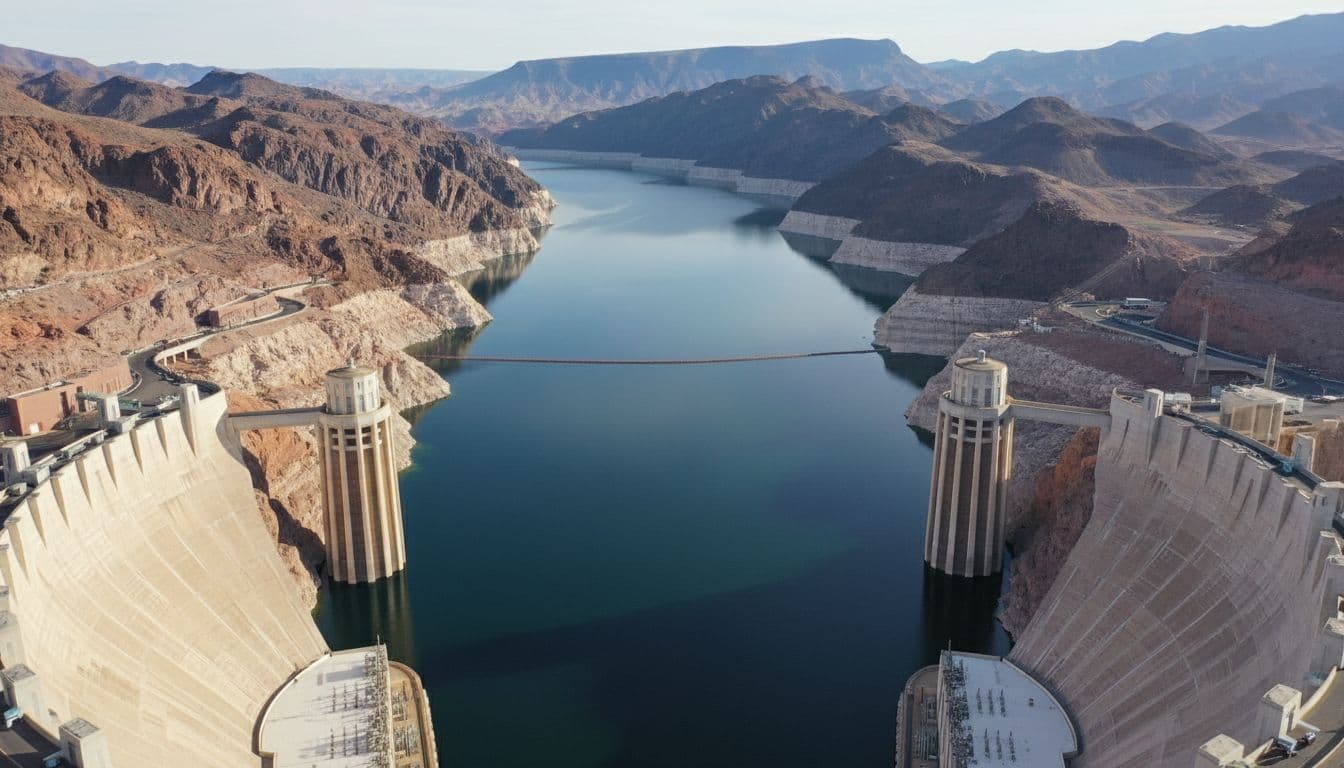 Peaceful overhead perspective from Hoover Dam Memorial Bridge capturing the dam's concrete arches, expansive calm Lake Mead with reflecting blue waters, powerhouse below, and distant rugged mountains under diffused daylight, evoking a tranquil engineering marvel without people or crowds.