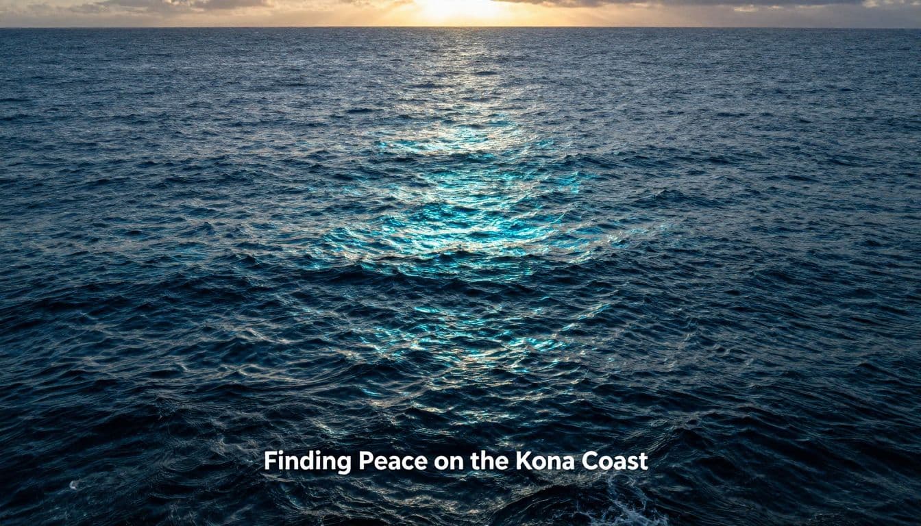 Gentle waves lap against the shoreline as the deep blue Pacific Ocean reflects vibrant sunset hues. Sparkling cyan light dances across the water surface, creating a calm and meditative evening atmosphere.
