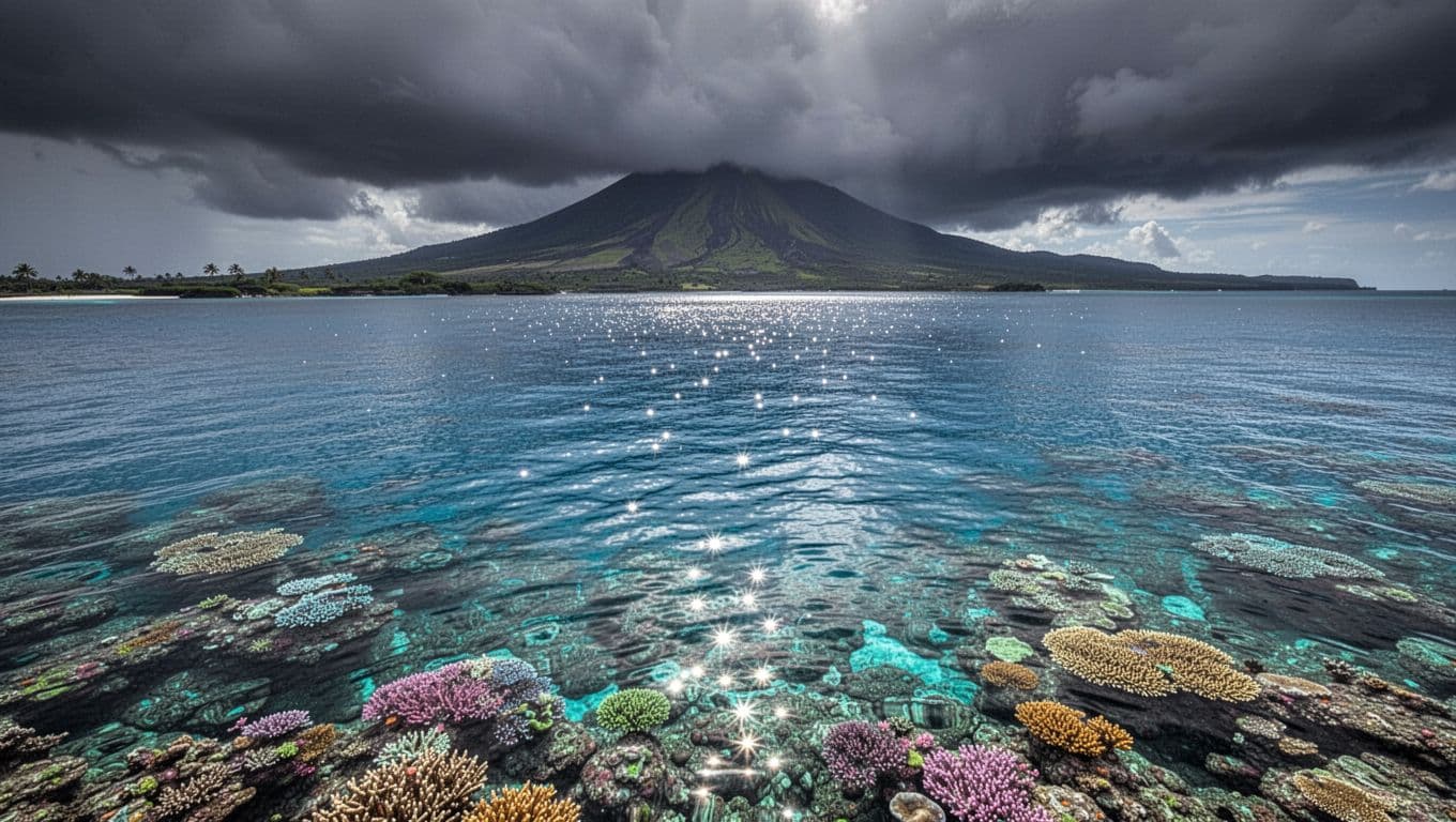 Crystal clear blue water reveals intricate coral reefs beneath the surface as gentle ripples touch the shoreline. In the distance, the rugged volcanic coastline stands under a soft, shimmering light.