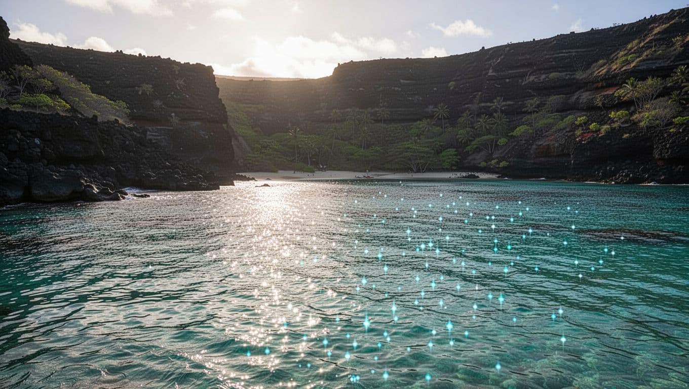 Crystal clear turquoise water gently laps against the rugged dark volcanic cliffs at dawn. Soft golden light illuminates the sparkling bay, highlighting the serene and untouched nature of the shoreline.