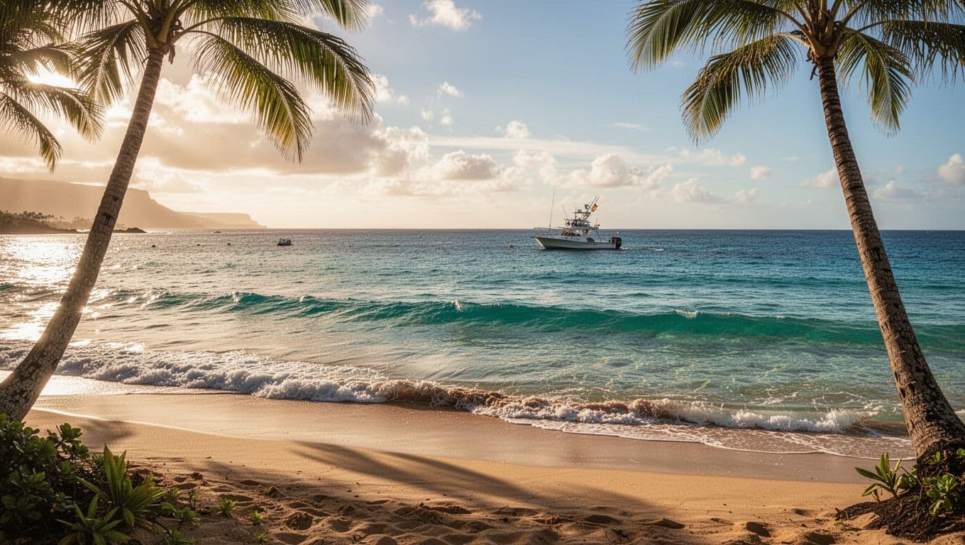 Serene Oahu beach with calm turquoise ocean waves lapping the shore under a sunny sky, distant snorkel boat on the horizon, and palm trees in the foreground. Cinematic style with strong contrast, depth, and dramatic golden hour lighting evokes ideal calm, clear water conditions for snorkeling.