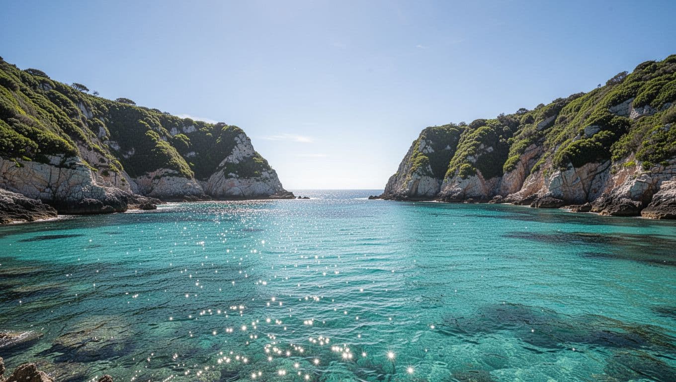 Sparkling cyan water fills a secluded bay nestled between towering lush green coastal cliffs under a bright clear sky. The calm surface reveals underwater clarity ideal for exploring coral reef formations.