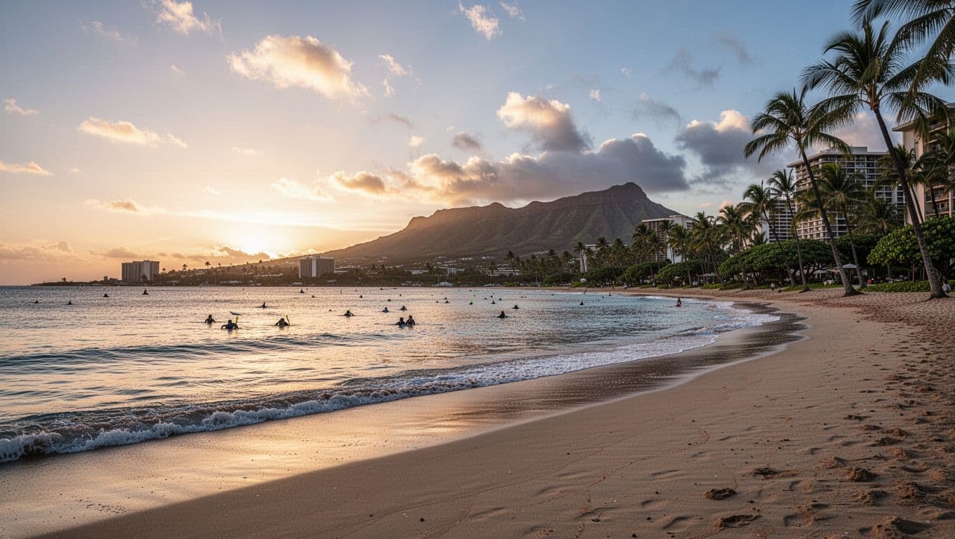 Serene Waikiki beach at dawn with calm ocean waters ideal for snorkeling, palm trees, distant mountains, and soft morning light in cinematic style emphasizing tranquility.