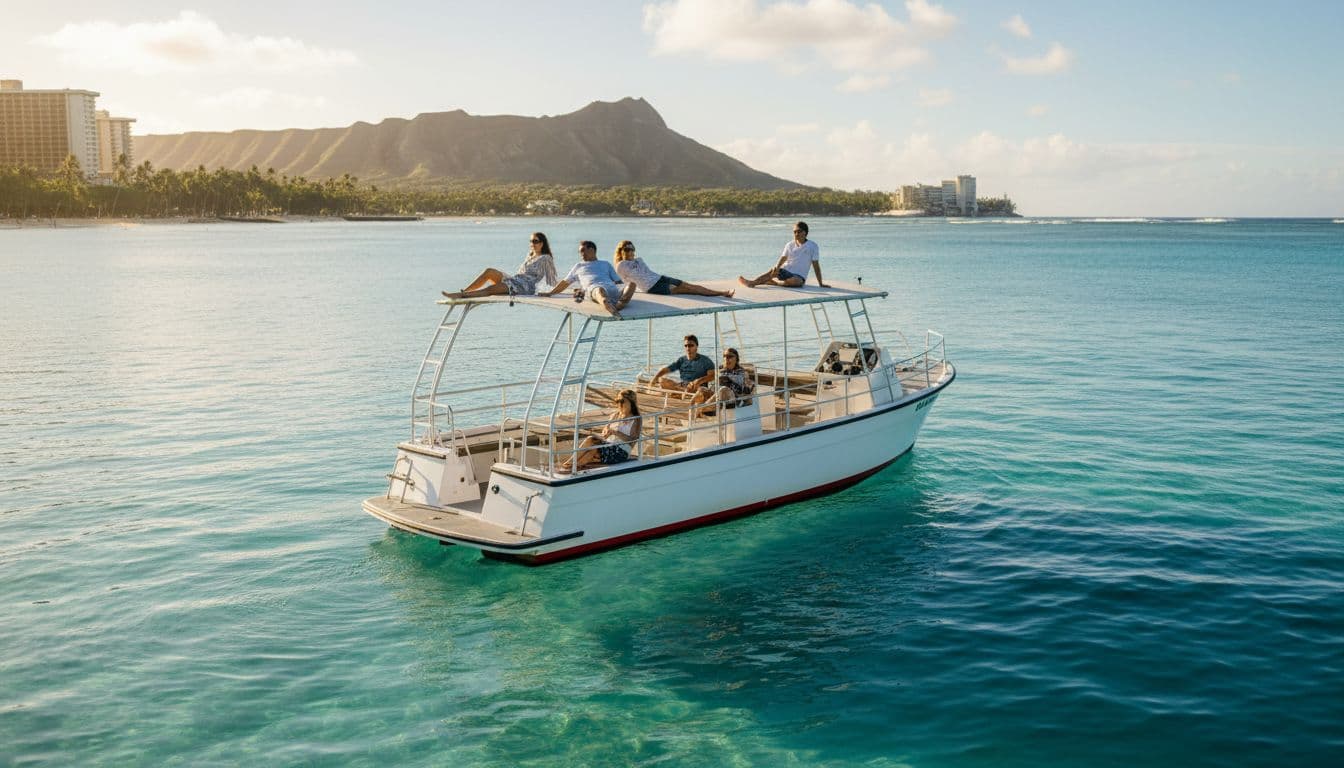 A small double-decker tour boat glides through calm turquoise ocean waters off Waikiki Beach, Hawaii, with Diamond Head crater in the distance and exactly five relaxed passengers on the open deck enjoying the morning golden glow.